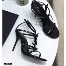 Saint Laurent Crystals Cassandra Sandals Patent Black with Monogram YSL Logo Heel 10.5cm