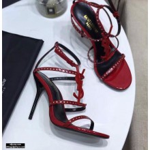 Saint Laurent Crystals Cassandra Sandals Patent Red with Monogram YSL Logo Heel 10.5cm