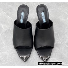 Prada Heel 9cm triangle logo Brushed leather slides Black 2022