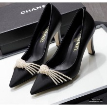 Chanel Heel 7.5cm Pearl Bow Grosgrain Pumps G36391 Black 2021