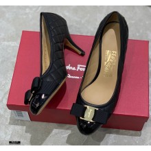 Ferragamo Heel 7cm Vara Bow Pumps Quilted Leather Black