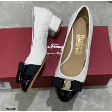 Ferragamo Heel 3cm Vara Bow Pumps Quilted Leather White/Black