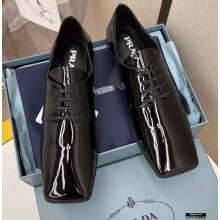 Prada Patent Leather Square Toe Lace-up Loafers Black with Triangle Logo 2021