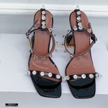 Amina Muaddi Heel 9.5cm Julia Diamond Spikes Embellished Sandals Patent Black