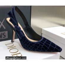 Dior Heel 9.5cm J'Adior Slingback Pumps Crocodile-Effect Embroidered Velvet Dark Blue 2021