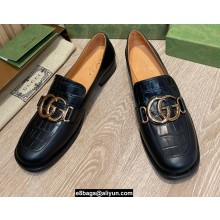 Gucci Heel 2.5cm Croco Pattern Loafers with Double G Black 2022