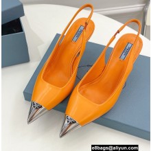 Prada Heel 7.5cm Brushed Leather Metal Toecap Slingback Pumps Orange 2022