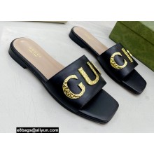 Gucci logo with star leather slides 694858 Black 2022