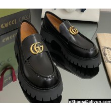 Gucci lug sole Loafers Brushed Leather Black with Double G 2022