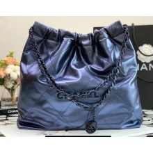 Chanel Calfskin CHANEL 22 Medium Handbag AS3261 Metallic Navy Blue 2022