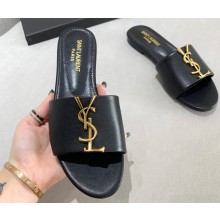Saint Laurent Flat Slides Sandals with gold-tone monogram 01