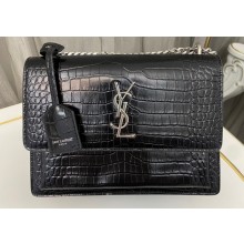 Saint Laurent sunset medium chain bag in crocodile-embossed shiny leather 442906 Black/Silver