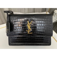 Saint Laurent sunset medium chain bag in crocodile-embossed shiny leather 442906 Black/Gold