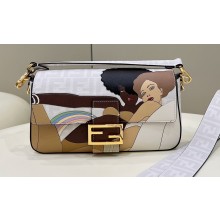 Fendi medium Baguette Bag in FF glazed fabric with inlay White 2023