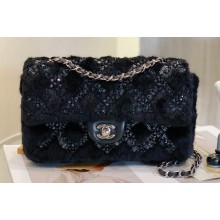 Chanel Fur Sequins and Pearl Classic Flap Handbag Black 2023