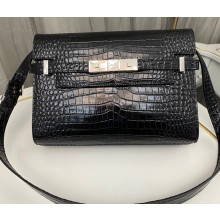 Saint Laurent manhattan small shoulder bag in crocodile-embossed leather 675626 Black/Silver