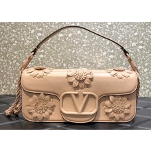 Valentino VLogo Signature Loco Shoulder Bag with Applique Flowers Apricot