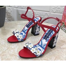 Dolce & Gabbana Heel 10.5cm Blue Printed Floral Sandals Red 2023