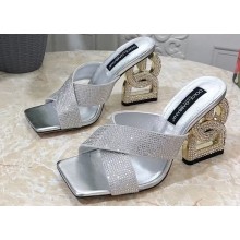 Dolce & Gabbana DG Pop Heel 10.5cm criss-cross straps Mules Silver with fusible rhinestone 2023