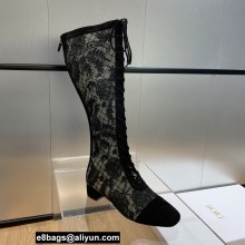 Dior Heel 3cm Naughtily-D High Boots in Black Transparent Mesh and Suede Embroidered with Dior Roses Motif 2023