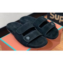 Loro Piana Waikiki Suede Double-Grip Men's Slide Sandals Black 2024