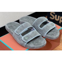 Loro Piana Waikiki Suede Double-Grip Men's Slide Sandals Gray 2024