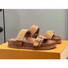 Louis Vuitton Bom Dia Flat Comfort Mule in brown suede leather 2024