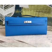 Hermes Kelly Cut Handmade Epsom Leather Clutch  Blue Hydra With Gold/Silver Hardware 