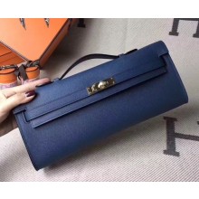 Hermes Kelly Cut Handmade Epsom Leather Clutch navy blue With Gold/Silver Hardware 