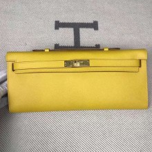 Hermes Kelly Cut Handmade Epsom Leather Clutch lemon yellow With Gold/Silver Hardware 