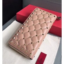 Valentino Rockstud Spike Zip Continental Wallet in Lambskin Pink/Gold
