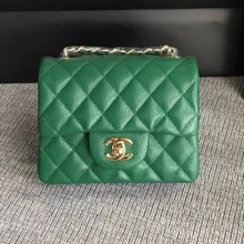 Chanel Classic Flap Mini Bag A1115 in Caviar Leather Green with Golden Hardware 