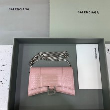 balenciaga hourglass wallet with chain crocodile embossed pink/silver