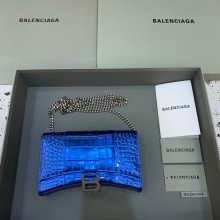 balenciaga hourglass wallet with chain crocodile embossed shiny blue