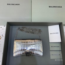 balenciaga hourglass wallet with chain crocodile embossed shiny silver