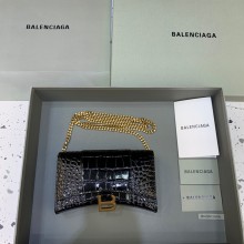 balenciaga hourglass wallet with chain crocodile embossed shiny black