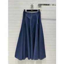 DIOR Blue Lightweight Raw Cotton Denim Mid-Length Pleated Skirt 2023