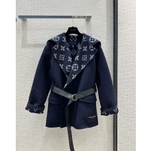 louis vuitton Flap Pocket Hooded Wrap Coat navy blue 2023 