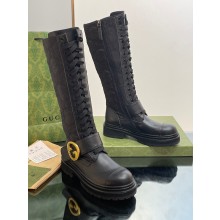 Gucci GG Canvas and Leather Long boots Black with Round Interlocking G 2022