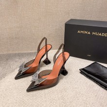 Amina Muaddi X AWGE Heel 10cm butterfly Slingback Pumps black PVC