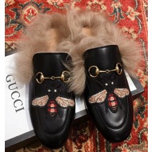 Gucci Princetown Leather Fur Slipper Black Bee 