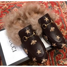 Gucci Princetown Leather Fur Slipper Black Bee And Star 