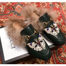 Gucci Princetown Leather Fur Slipper Black Crystal Butterfly
