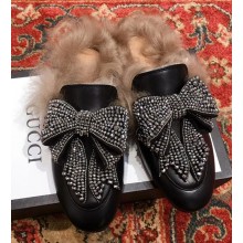 Gucci Princetown Crystal Embroidered Bow With Lamb Fur Slipper Horsebit Detail 471955 Black 