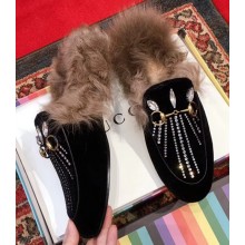 Gucci Princetown Velvet Fur Slipper With Crystals Black