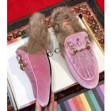 Gucci Princetown Velvet Fur Slipper With Crystals Pink