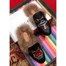 Gucci Princetown Leather Fur Slipper Black Animal And UFO