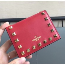 Valentino Compact Rockstud Flap French Wallet Red