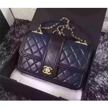 Chanel lambskin & light gold metal dark blue & black flap bag A91365