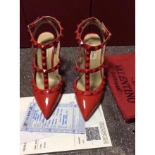 VALENTINO ROCKSTUD ANKLE STRAP PATENT PUMP 9.5CM all red